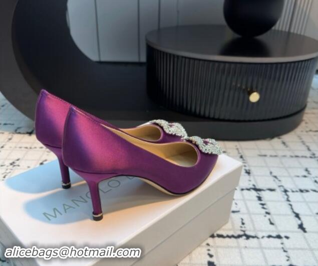 Sophisticated Manolo Blahnik Hangisi Satin Pumps 7cm with Strass Buckle Dark Purple 1225012