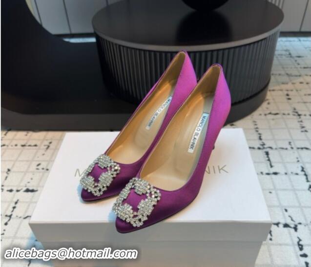 Sophisticated Manolo Blahnik Hangisi Satin Pumps 7cm with Strass Buckle Dark Purple 1225012