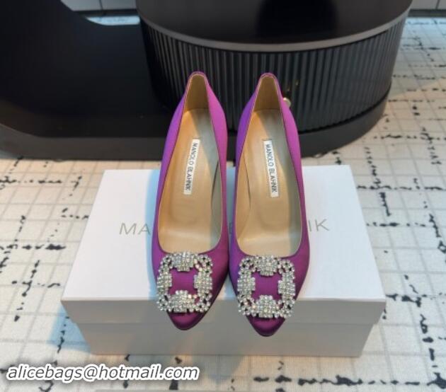 Sophisticated Manolo Blahnik Hangisi Satin Pumps 7cm with Strass Buckle Dark Purple 1225012