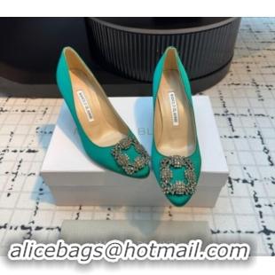 Best Grade Manolo Blahnik Hangisi Satin Pumps 7cm with Strass Buckle Green 1225014