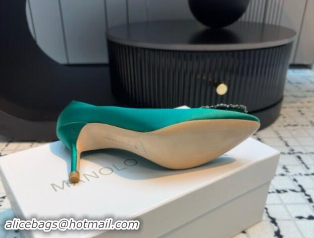 Best Grade Manolo Blahnik Hangisi Satin Pumps 7cm with Strass Buckle Green 1225014