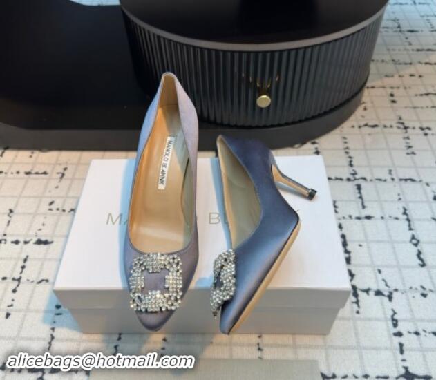 Unique Style Manolo Blahnik Hangisi Satin Pumps 7cm with Strass Buckle Grey 1225015