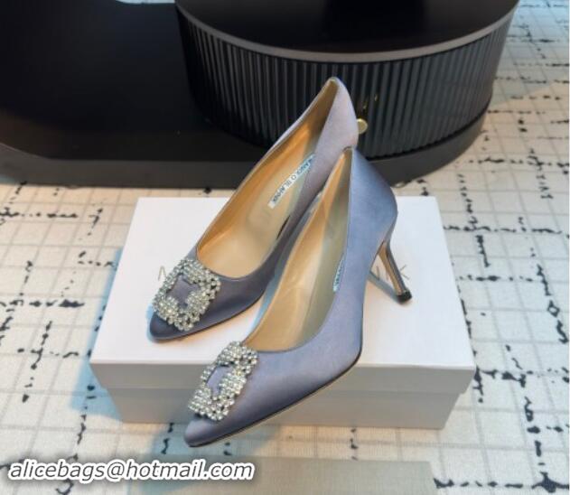 Unique Style Manolo Blahnik Hangisi Satin Pumps 7cm with Strass Buckle Grey 1225015