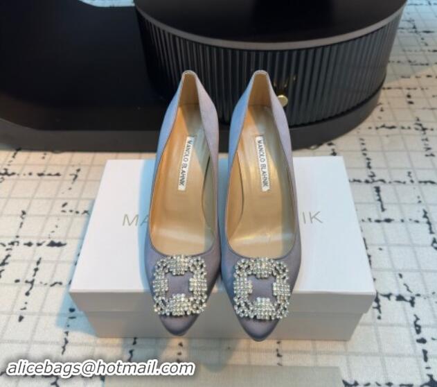 Unique Style Manolo Blahnik Hangisi Satin Pumps 7cm with Strass Buckle Grey 1225015