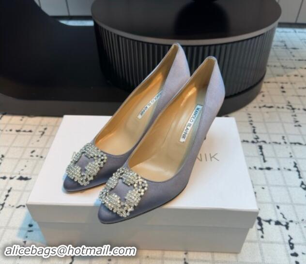 Unique Style Manolo Blahnik Hangisi Satin Pumps 7cm with Strass Buckle Grey 1225015