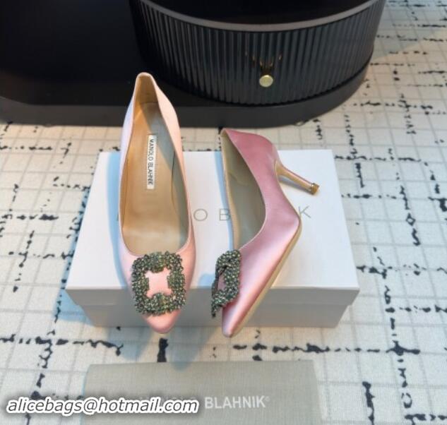 Good Looking Manolo Blahnik Hangisi Satin Pumps 7cm with Strass Buckle Light Pink 1225017