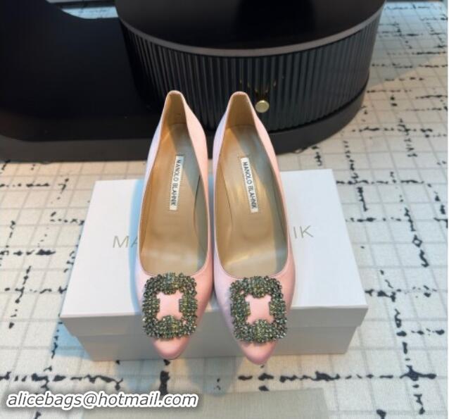 Good Looking Manolo Blahnik Hangisi Satin Pumps 7cm with Strass Buckle Light Pink 1225017