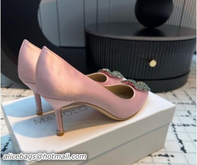 Good Looking Manolo Blahnik Hangisi Satin Pumps 7cm with Strass Buckle Light Pink 1225017