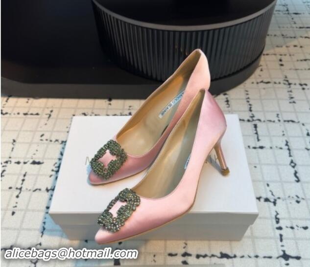 Good Looking Manolo Blahnik Hangisi Satin Pumps 7cm with Strass Buckle Light Pink 1225017