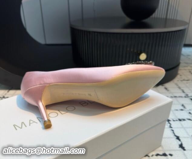 Good Looking Manolo Blahnik Hangisi Satin Pumps 7cm with Strass Buckle Light Pink 1225017