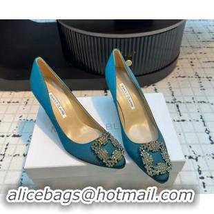 Good Quality Manolo Blahnik Hangisi Satin Pumps 7cm with Strass Buckle Peacock Green 1225018