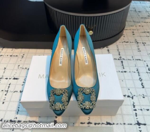 Good Quality Manolo Blahnik Hangisi Satin Pumps 7cm with Strass Buckle Peacock Green 1225018