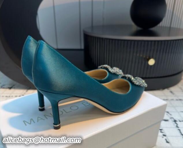 Good Quality Manolo Blahnik Hangisi Satin Pumps 7cm with Strass Buckle Peacock Green 1225018