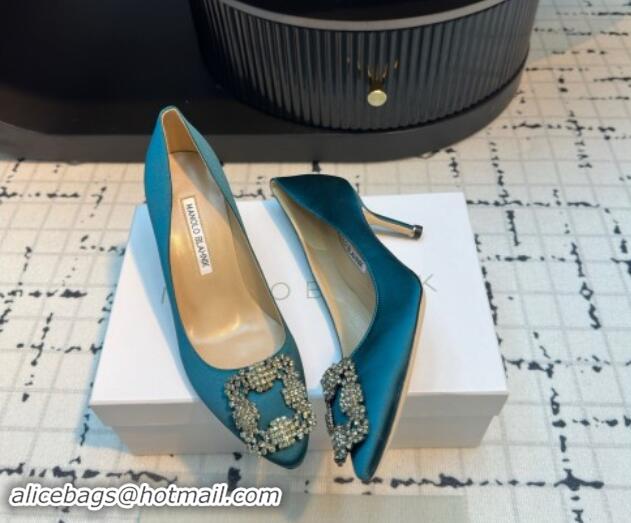 Good Quality Manolo Blahnik Hangisi Satin Pumps 7cm with Strass Buckle Peacock Green 1225018