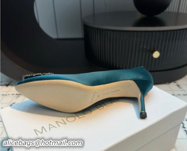 Good Quality Manolo Blahnik Hangisi Satin Pumps 7cm with Strass Buckle Peacock Green 1225018