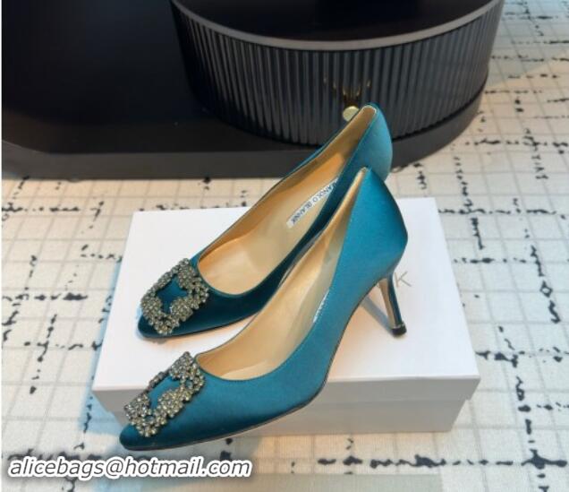 Good Quality Manolo Blahnik Hangisi Satin Pumps 7cm with Strass Buckle Peacock Green 1225018