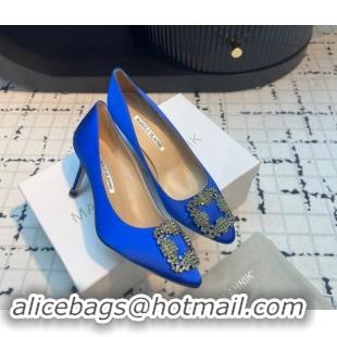 Low Price Manolo Blahnik Hangisi Satin Pumps 7cm with Strass Buckle Sky Blue 1225020