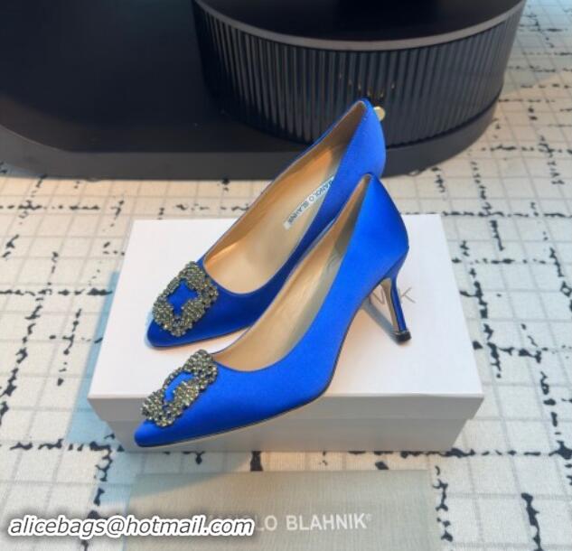 Low Price Manolo Blahnik Hangisi Satin Pumps 7cm with Strass Buckle Sky Blue 1225020