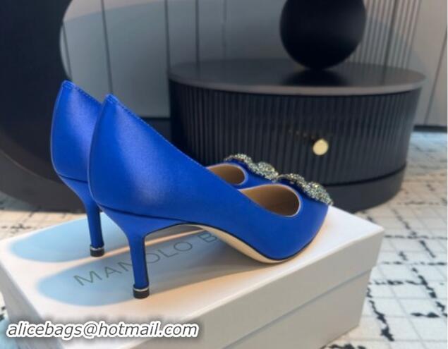 Low Price Manolo Blahnik Hangisi Satin Pumps 7cm with Strass Buckle Sky Blue 1225020