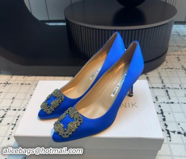 Low Price Manolo Blahnik Hangisi Satin Pumps 7cm with Strass Buckle Sky Blue 1225020