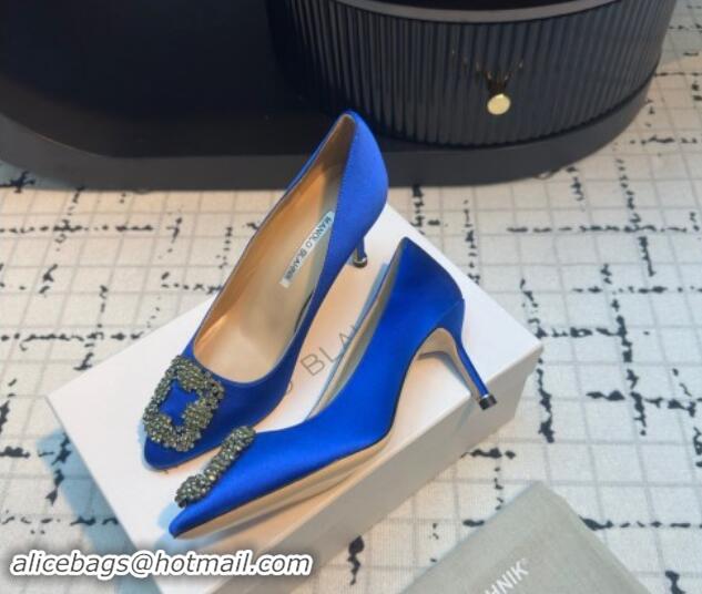 Low Price Manolo Blahnik Hangisi Satin Pumps 7cm with Strass Buckle Sky Blue 1225020