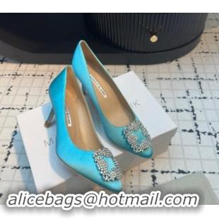 Pretty Style Manolo Blahnik Hangisi Satin Pumps 7cm with Strass Buckle Light Blue 1225021