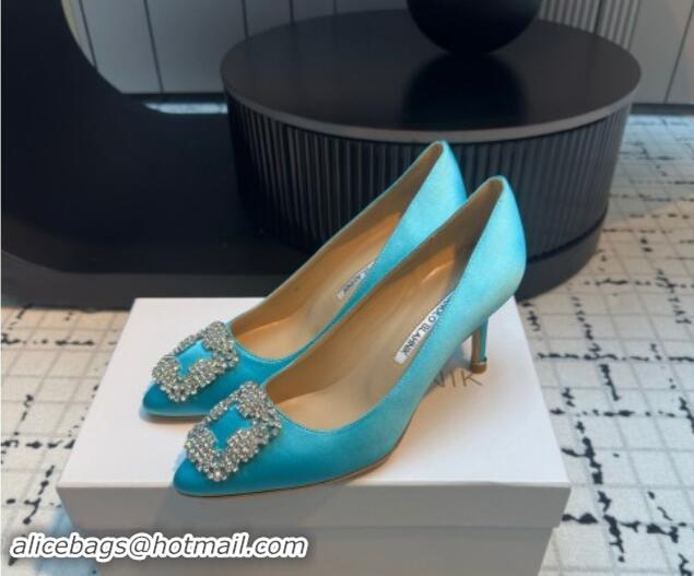 Pretty Style Manolo Blahnik Hangisi Satin Pumps 7cm with Strass Buckle Light Blue 1225021