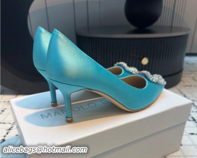 Pretty Style Manolo Blahnik Hangisi Satin Pumps 7cm with Strass Buckle Light Blue 1225021