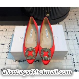 Luxury Cheap Manolo Blahnik Hangisi Satin Ballerinas Flat with Strass Buckle Red 1225023