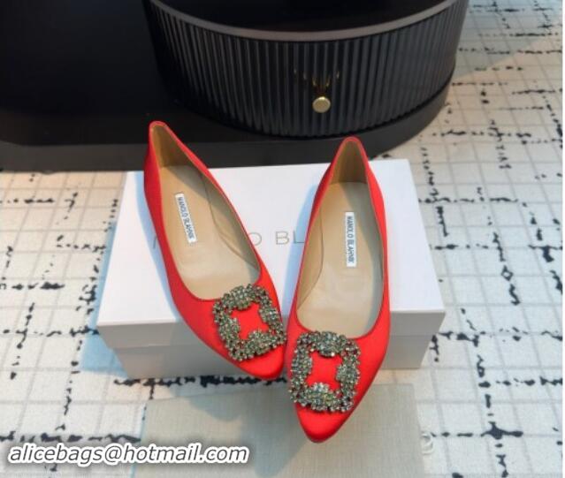 Luxury Cheap Manolo Blahnik Hangisi Satin Ballerinas Flat with Strass Buckle Red 1225023