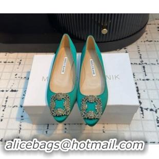 Popular Style Manolo Blahnik Hangisi Satin Ballerinas Flat with Strass Buckle Green 1225025