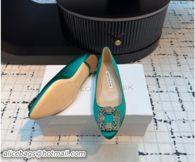 Popular Style Manolo Blahnik Hangisi Satin Ballerinas Flat with Strass Buckle Green 1225025