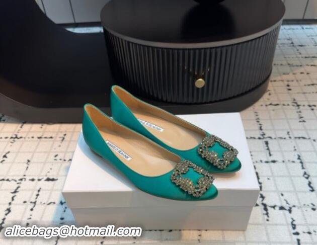 Popular Style Manolo Blahnik Hangisi Satin Ballerinas Flat with Strass Buckle Green 1225025