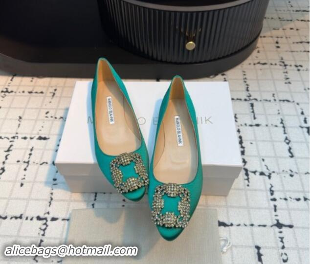 Popular Style Manolo Blahnik Hangisi Satin Ballerinas Flat with Strass Buckle Green 1225025