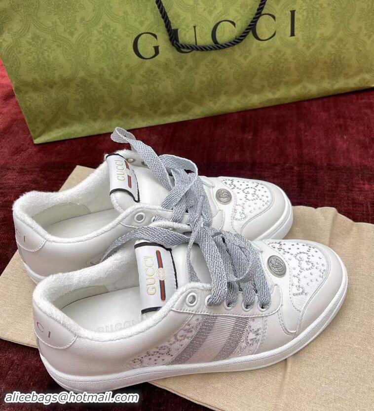 ​Super Quality Gucci Screener Trainer Sneakers in GG Canvas and Leather with Web and Strass G9118 White 2024