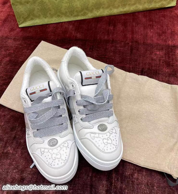 ​Super Quality Gucci Screener Trainer Sneakers in GG Canvas and Leather with Web and Strass G9118 White 2024