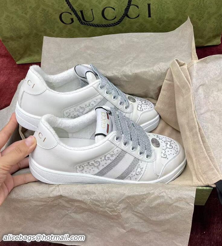 ​Super Quality Gucci Screener Trainer Sneakers in GG Canvas and Leather with Web and Strass G9118 White 2024