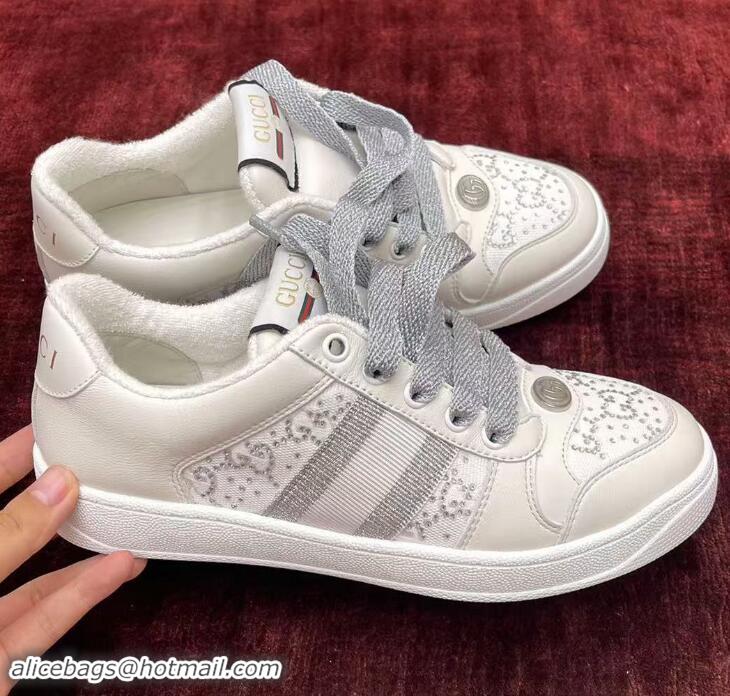 ​Super Quality Gucci Screener Trainer Sneakers in GG Canvas and Leather with Web and Strass G9118 White 2024