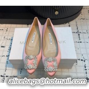 Popular Style Manolo Blahnik Hangisi Satin Ballerinas Flat with Strass Buckle Light Pink 1225026