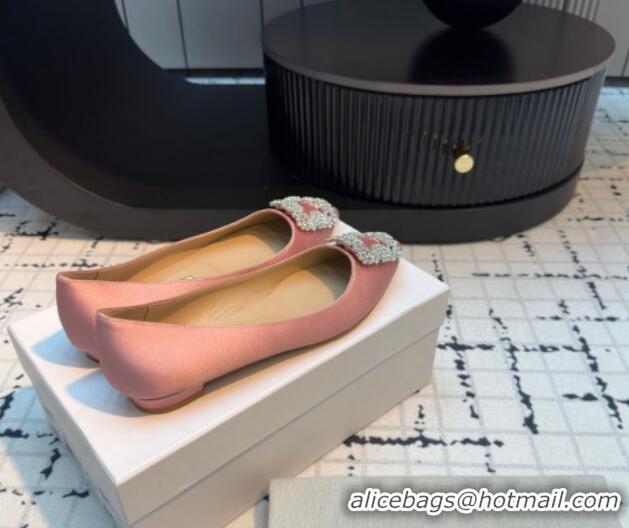 Popular Style Manolo Blahnik Hangisi Satin Ballerinas Flat with Strass Buckle Light Pink 1225026