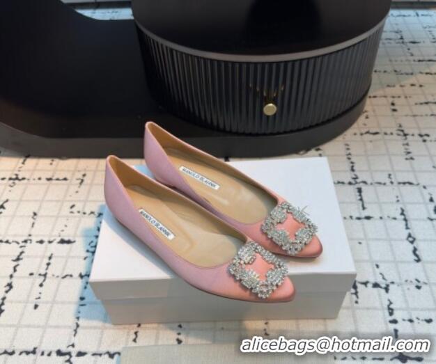 Popular Style Manolo Blahnik Hangisi Satin Ballerinas Flat with Strass Buckle Light Pink 1225026