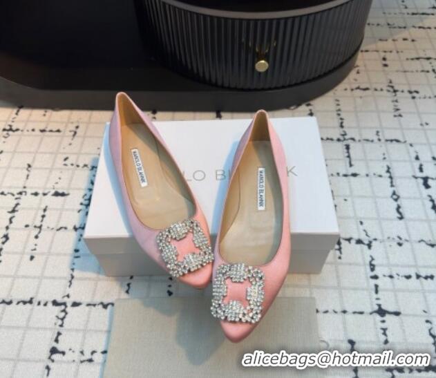 Popular Style Manolo Blahnik Hangisi Satin Ballerinas Flat with Strass Buckle Light Pink 1225026