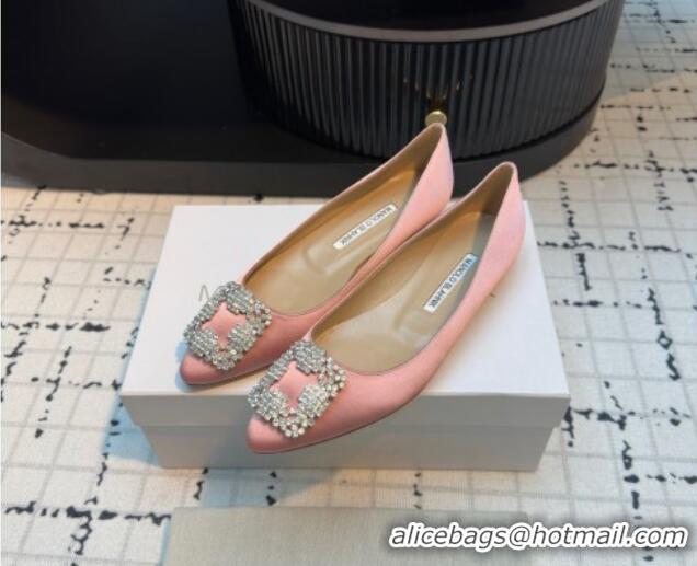 Popular Style Manolo Blahnik Hangisi Satin Ballerinas Flat with Strass Buckle Light Pink 1225026