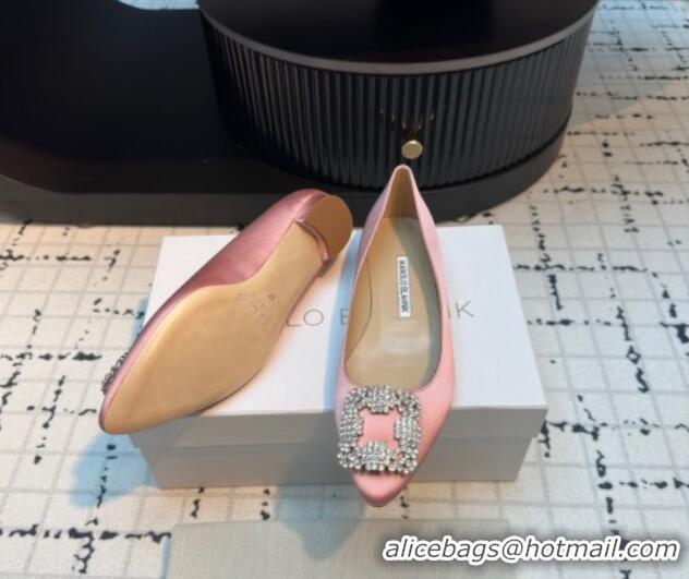 Popular Style Manolo Blahnik Hangisi Satin Ballerinas Flat with Strass Buckle Light Pink 1225026