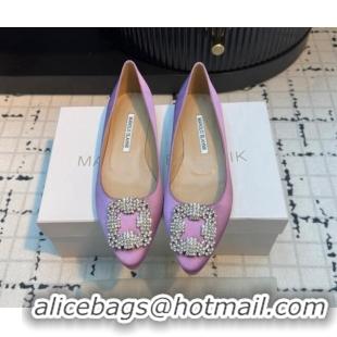 Shop Duplicate Manolo Blahnik Hangisi Satin Ballerinas Flat with Strass Buckle Light Purple 1225027