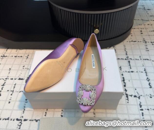 Shop Duplicate Manolo Blahnik Hangisi Satin Ballerinas Flat with Strass Buckle Light Purple 1225027