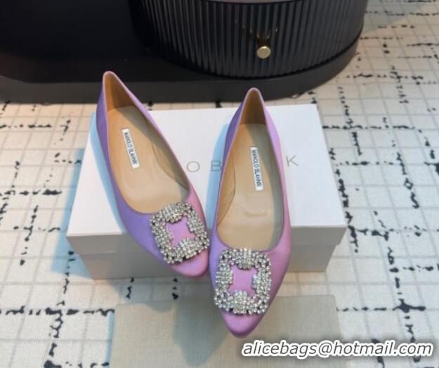 Shop Duplicate Manolo Blahnik Hangisi Satin Ballerinas Flat with Strass Buckle Light Purple 1225027