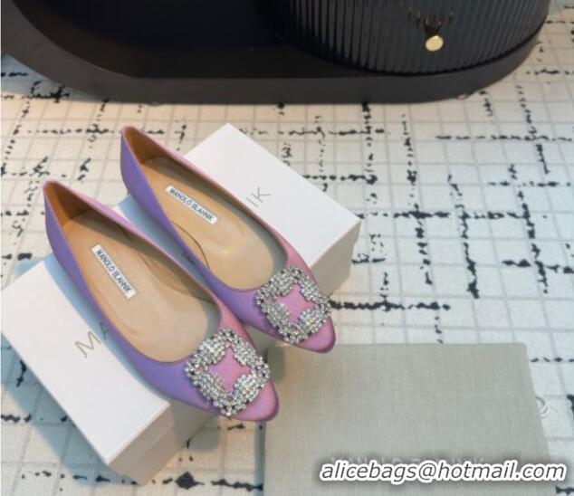 Shop Duplicate Manolo Blahnik Hangisi Satin Ballerinas Flat with Strass Buckle Light Purple 1225027