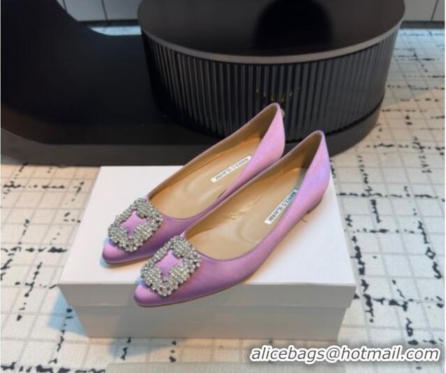 Shop Duplicate Manolo Blahnik Hangisi Satin Ballerinas Flat with Strass Buckle Light Purple 1225027