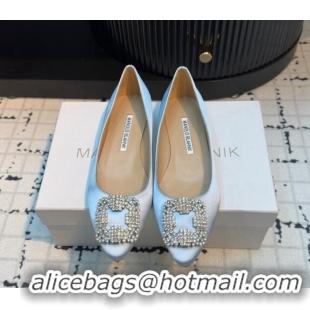 Top Design Manolo Blahnik Hangisi Satin Ballerinas Flat with Strass Buckle Pale Blue 1225028